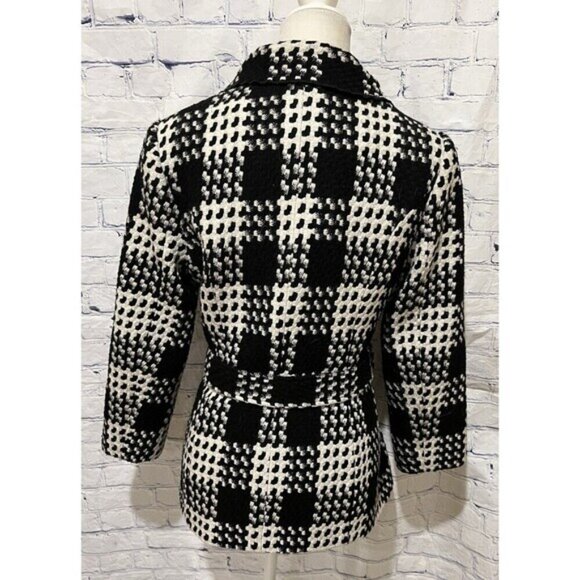 White House Black Market Coat Women Black White Belted Button Houndstooth Large - Picture 5 of 9